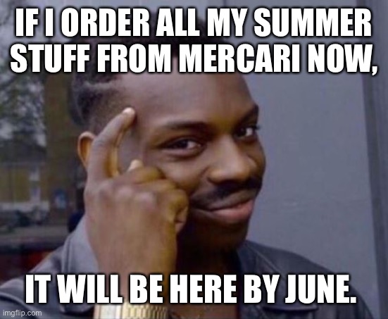 black guy pointing at head | IF I ORDER ALL MY SUMMER STUFF FROM MERCARI NOW, IT WILL BE HERE BY JUNE. | image tagged in black guy pointing at head | made w/ Imgflip meme maker