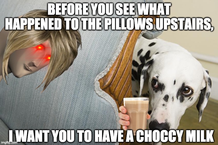 wat will hapen to da doge | BEFORE YOU SEE WHAT HAPPENED TO THE PILLOWS UPSTAIRS, I WANT YOU TO HAVE A CHOCCY MILK | image tagged in funny memes,smart dog | made w/ Imgflip meme maker