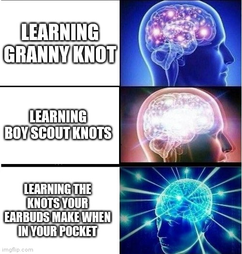 Expanding brain 3 panels | LEARNING GRANNY KNOT; LEARNING BOY SCOUT KNOTS; LEARNING THE KNOTS YOUR EARBUDS MAKE WHEN IN YOUR POCKET | image tagged in expanding brain 3 panels | made w/ Imgflip meme maker