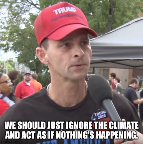 Trump supporter | WE SHOULD JUST IGNORE THE CLIMATE AND ACT AS IF NOTHING'S HAPPENING. | image tagged in trump supporter | made w/ Imgflip meme maker