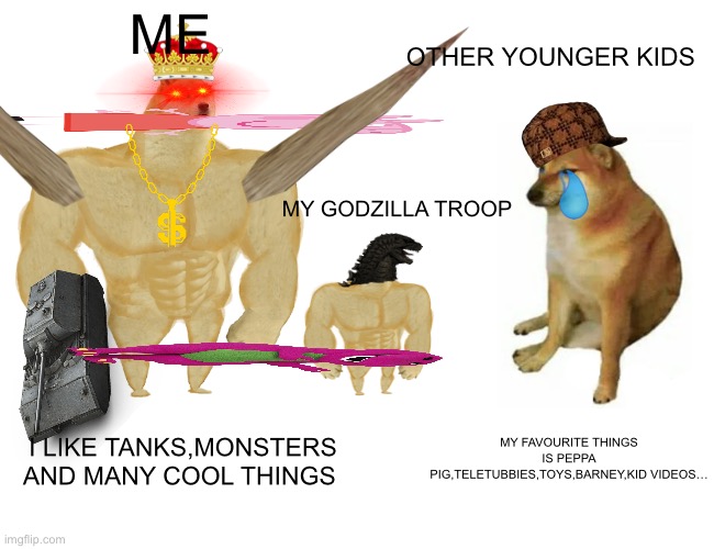 JUST A MEME ABOUT LIKES BETWEEN ME AND KIDS | ME; OTHER YOUNGER KIDS; MY GODZILLA TROOP; MY FAVOURITE THINGS IS PEPPA PIG,TELETUBBIES,TOYS,BARNEY,KID VIDEOS…; I LIKE TANKS,MONSTERS AND MANY COOL THINGS | image tagged in memes,buff doge vs cheems,kids,teletubbies,likes | made w/ Imgflip meme maker