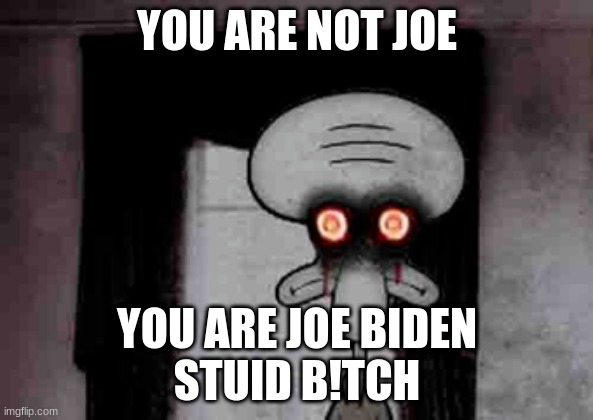 Squidward's Suicide | YOU ARE NOT JOE; YOU ARE JOE BIDEN
STUID B!TCH | image tagged in squidward's suicide | made w/ Imgflip meme maker