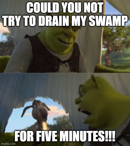 Could you not ___ for 5 MINUTES | COULD YOU NOT TRY TO DRAIN MY SWAMP FOR FIVE MINUTES!!! | image tagged in could you not ___ for 5 minutes | made w/ Imgflip meme maker