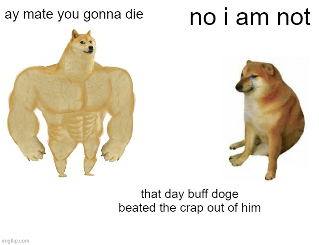 ... | no i am not; ay mate you gonna die; that day buff doge beated the crap out of him | image tagged in memes,buff doge vs cheems | made w/ Imgflip meme maker