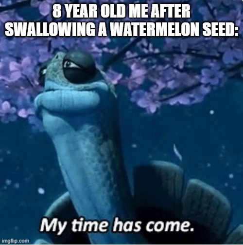 My Time Has Come | 8 YEAR OLD ME AFTER SWALLOWING A WATERMELON SEED: | image tagged in my time has come,watermelon,childhood | made w/ Imgflip meme maker