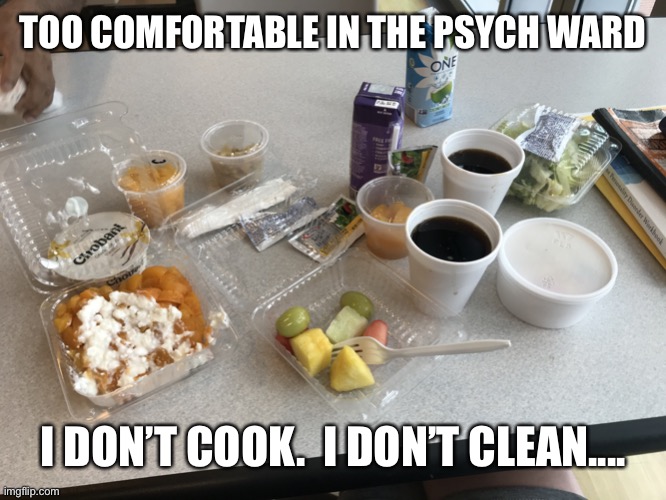 I don’t cook I don’t clean.... | TOO COMFORTABLE IN THE PSYCH WARD; I DON’T COOK.  I DON’T CLEAN.... | image tagged in psych ward food | made w/ Imgflip meme maker
