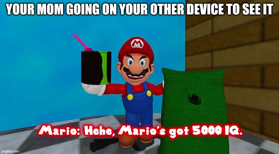 Hehe. Marios got 5000 IQ | YOUR MOM GOING ON YOUR OTHER DEVICE TO SEE IT | image tagged in hehe marios got 5000 iq | made w/ Imgflip meme maker