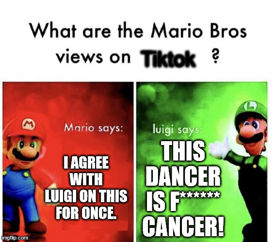 The truth lies here. | Tiktok; I AGREE WITH LUIGI ON THIS FOR ONCE. THIS DANCER IS F****** CANCER! | image tagged in mario bros views | made w/ Imgflip meme maker