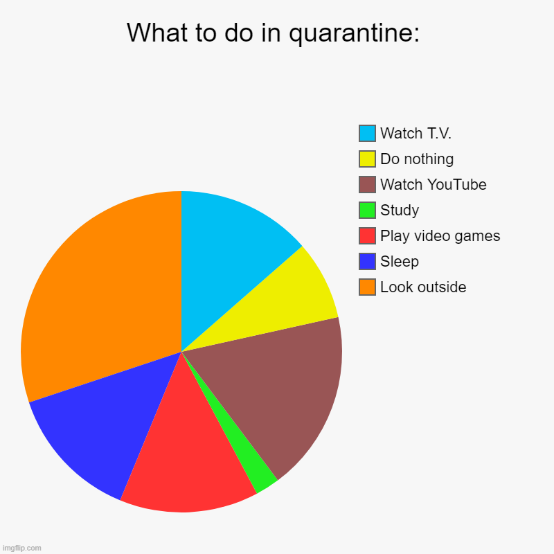 What to do in quarantine | What to do in quarantine: | Look outside, Sleep, Play video games, Study, Watch YouTube, Do nothing, Watch T.V. | image tagged in charts,pie charts | made w/ Imgflip chart maker