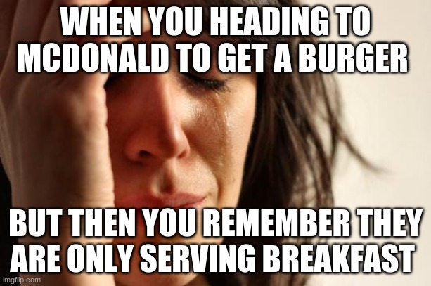 First World Problems | WHEN YOU HEADING TO MCDONALD TO GET A BURGER; BUT THEN YOU REMEMBER THEY ARE ONLY SERVING BREAKFAST | image tagged in memes,first world problems | made w/ Imgflip meme maker