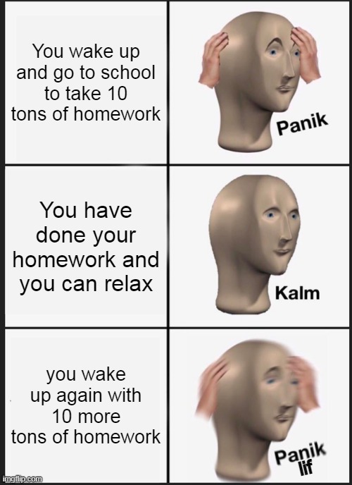 Panic of Life | You wake up and go to school to take 10 tons of homework; You have done your homework and you can relax; you wake up again with 10 more tons of homework; lif | image tagged in memes,panik kalm panik | made w/ Imgflip meme maker