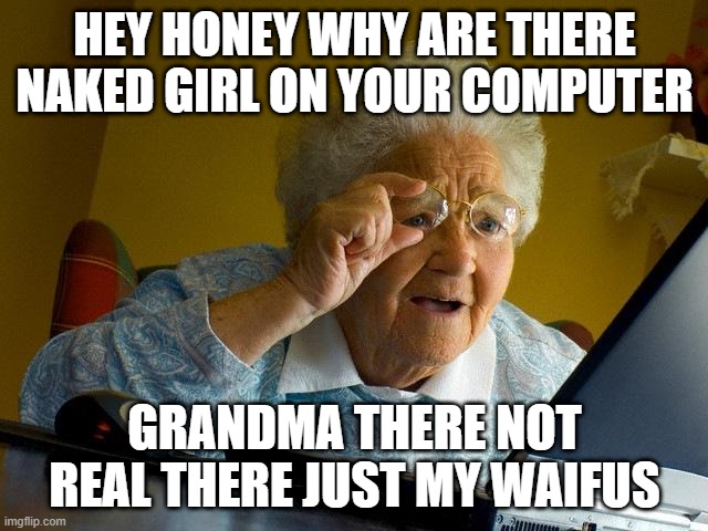 new here dont make fun of me lmao | HEY HONEY WHY ARE THERE NAKED GIRL ON YOUR COMPUTER; GRANDMA THERE NOT REAL THERE JUST MY WAIFUS | image tagged in memes,grandma finds the internet | made w/ Imgflip meme maker