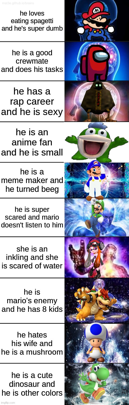 SMG4's Gang | he loves eating spagetti and he's super dumb; he is a good crewmate and does his tasks; he has a rap career and he is sexy; he is an anime fan and he is small; he is a meme maker and he turned beeg; he is super scared and mario doesn't listen to him; she is an inkling and she is scared of water; he is mario's enemy and he has 8 kids; he hates his wife and he is a mushroom; he is a cute dinosaur and he is other colors | image tagged in 10-tier expanding brain,smg4 | made w/ Imgflip meme maker