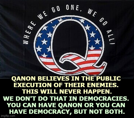 QAnon is a cancer on America. | QANON BELIEVES IN THE PUBLIC 
EXECUTION OF THEIR ENEMIES. 
THIS WILL NEVER HAPPEN. WE DON'T DO THAT IN DEMOCRACIES. 
YOU CAN HAVE QANON OR YOU CAN 
HAVE DEMOCRACY, BUT NOT BOTH. | image tagged in qanon,cancer,america | made w/ Imgflip meme maker