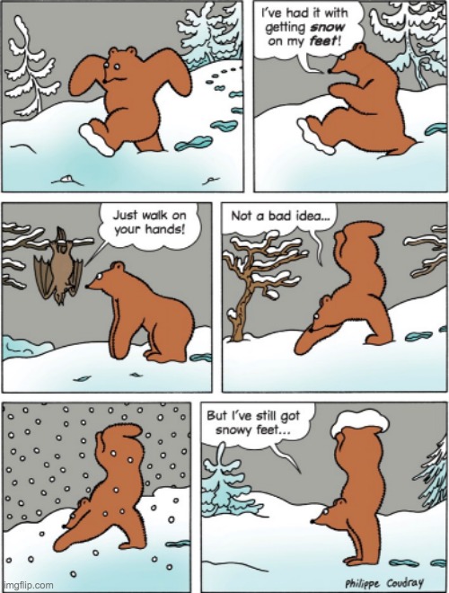 Maybe if you walk on your ears? | image tagged in comics,snow,memes,lol,bear | made w/ Imgflip meme maker