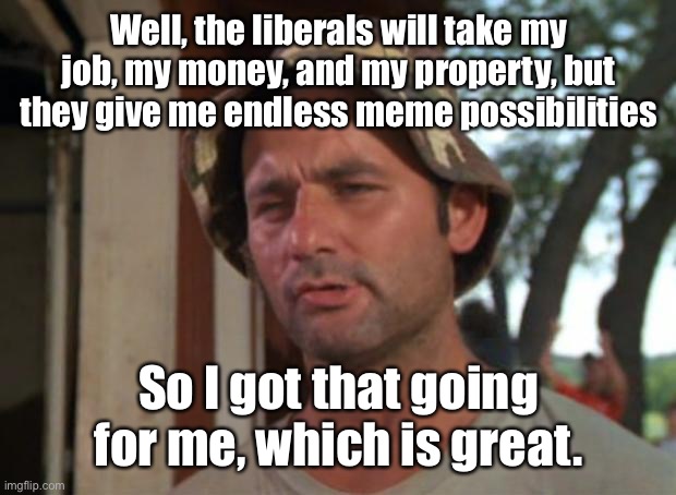 Don’t worry - be happy | Well, the liberals will take my job, my money, and my property, but they give me endless meme possibilities; So I got that going for me, which is great. | image tagged in memes,so i got that goin for me which is nice,liberals,socialism | made w/ Imgflip meme maker