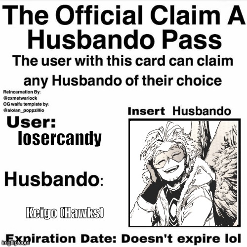 Somehow, I’m still alive and posting ? |  losercandy; Keigo (Hawks) | image tagged in claim your husbando,finally posted,mha,husbando | made w/ Imgflip meme maker