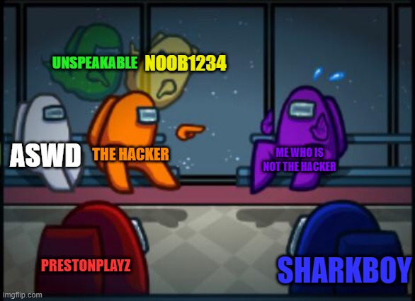 Among us minecraft meme | NOOB1234; UNSPEAKABLE; ASWD; THE HACKER; ME WHO IS NOT THE HACKER; PRESTONPLAYZ; SHARKBOY | image tagged in among us blame | made w/ Imgflip meme maker