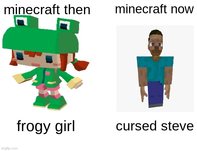 truth | minecraft then; minecraft now; frogy girl; cursed steve | image tagged in memes,buff doge vs cheems,minecraft,funny meme | made w/ Imgflip meme maker