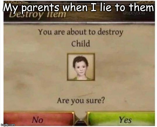 You are about to destroy child | My parents when I lie to them | image tagged in you are about to destroy child | made w/ Imgflip meme maker