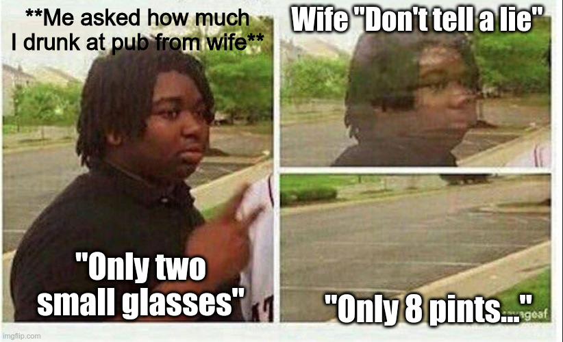 Black guy disappearing | Wife "Don't tell a lie"; **Me asked how much I drunk at pub from wife**; "Only two small glasses"; "Only 8 pints..." | image tagged in black guy disappearing | made w/ Imgflip meme maker
