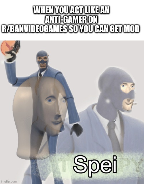 like seriously someone should do this | WHEN YOU ACT LIKE AN ANTI-GAMER ON R/BANVIDEOGAMES SO YOU CAN GET MOD | image tagged in blank text box,meme man spei | made w/ Imgflip meme maker