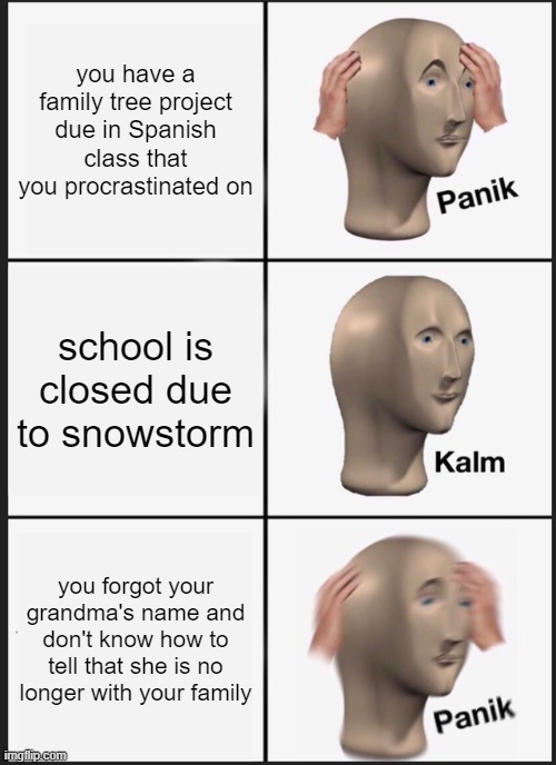 Panik Kalm Panik Meme | you have a family tree project due in Spanish class that you procrastinated on; school is closed due to snowstorm; you forgot your grandma's name and don't know how to tell that she is no longer with your family | image tagged in memes,panik kalm panik | made w/ Imgflip meme maker