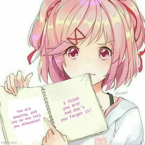 The book of truth has spoken! | I think you are!  And don´t you forget it! You are amazing, and let no one tell you otherwise! | image tagged in natsuki's book of truth | made w/ Imgflip meme maker