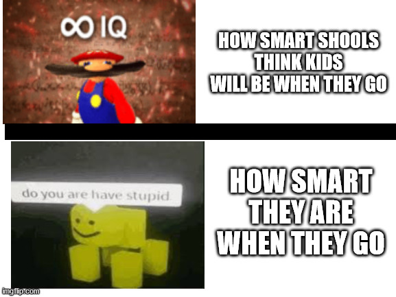 This is true | HOW SMART SHOOLS THINK KIDS WILL BE WHEN THEY GO; HOW SMART THEY ARE WHEN THEY GO | image tagged in blank white template | made w/ Imgflip meme maker