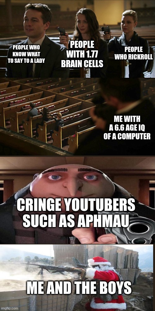 boi....murder  em | PEOPLE WHO KNOW WHAT TO SAY TO A LADY; PEOPLE WITH 1.77 BRAIN CELLS; PEOPLE WHO RICKROLL; ME WITH A 6.6 AGE IQ OF A COMPUTER; CRINGE YOUTUBERS SUCH AS APHMAU; ME AND THE BOYS | image tagged in assassination chain | made w/ Imgflip meme maker