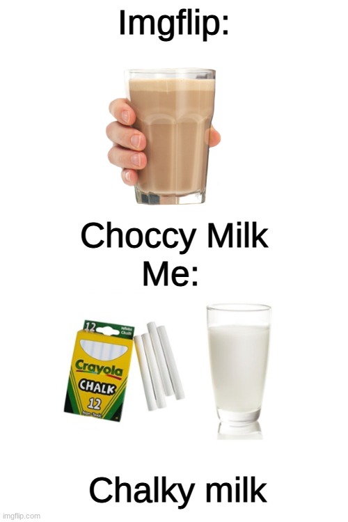 Choccy vs. Chalky |  Imgflip:; Choccy Milk; Me:; Chalky milk | image tagged in blank white template,funny,memes,funny memes,choccy milk,me | made w/ Imgflip meme maker