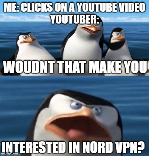 Wouldn't that make you | ME: CLICKS ON A YOUTUBE VIDEO
YOUTUBER:; WOUDNT THAT MAKE YOU; INTERESTED IN NORD VPN? | image tagged in wouldn't that make you | made w/ Imgflip meme maker