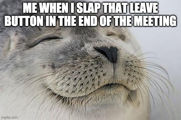 Satisfied Seal Meme | ME WHEN I SLAP THAT LEAVE BUTTON IN THE END OF THE MEETING | image tagged in memes,satisfied seal | made w/ Imgflip meme maker