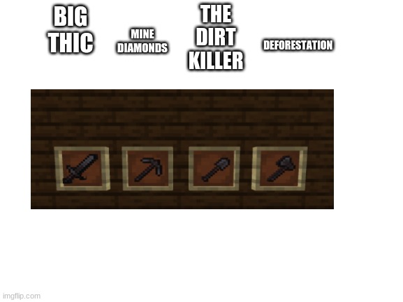 the names of my weapons | MINE DIAMONDS; THE DIRT KILLER; BIG THIC; DEFORESTATION | image tagged in blank white template | made w/ Imgflip meme maker