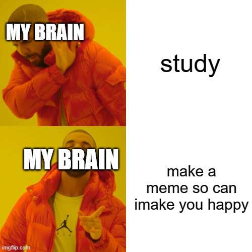 Drake Hotline Bling | MY BRAIN; study; make a meme so can imake you happy; MY BRAIN | image tagged in memes,drake hotline bling | made w/ Imgflip meme maker