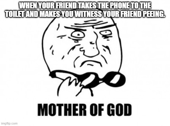 it had me dying |  WHEN YOUR FRIEND TAKES THE PHONE TO THE TOILET AND MAKES YOU WITNESS YOUR FRIEND PEEING. | image tagged in memes,mother of god | made w/ Imgflip meme maker