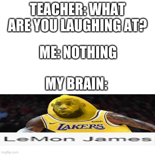 Lemon James | TEACHER: WHAT ARE YOU LAUGHING AT? ME: NOTHING; MY BRAIN: | image tagged in memes,blank transparent square,lemonjames | made w/ Imgflip meme maker