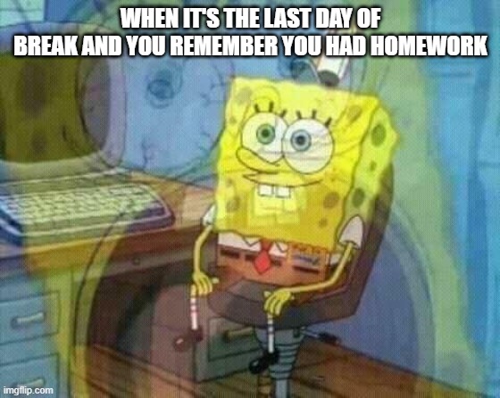 spongebob panic inside | WHEN IT'S THE LAST DAY OF BREAK AND YOU REMEMBER YOU HAD HOMEWORK | image tagged in spongebob panic inside | made w/ Imgflip meme maker