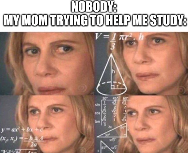 OOF | NOBODY: 
MY MOM TRYING TO HELP ME STUDY: | image tagged in math lady/confused lady,school,studying | made w/ Imgflip meme maker