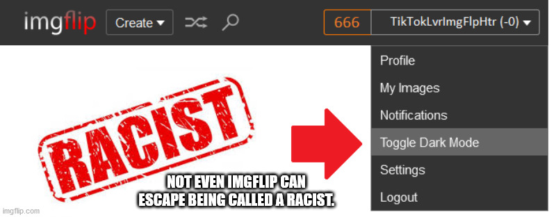 ImgFlip "Dark Mode" - the Racially "Insensitive" Option | NOT EVEN IMGFLIP CAN ESCAPE BEING CALLED A RACIST. | image tagged in imgflip,dark mode,racist,blm,the insensitive option | made w/ Imgflip meme maker