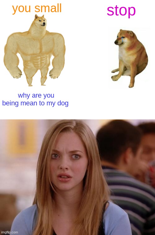 you small; stop; why are you being mean to my dog | image tagged in memes,buff doge vs cheems,omg karen | made w/ Imgflip meme maker