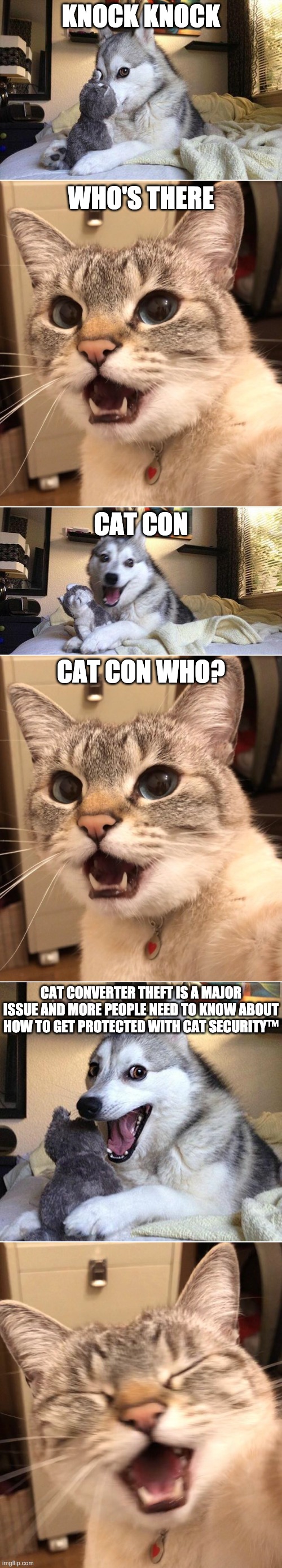Knock knock | KNOCK KNOCK; WHO'S THERE; CAT CON; CAT CON WHO? CAT CONVERTER THEFT IS A MAJOR ISSUE AND MORE PEOPLE NEED TO KNOW ABOUT HOW TO GET PROTECTED WITH CAT SECURITY™ | image tagged in knock knock | made w/ Imgflip meme maker