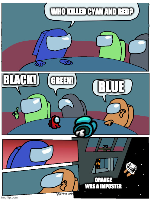 Among Us Meeting | WHO KILLED CYAN AND RED? BLACK! GREEN! BLUE; ORANGE WAS A IMPOSTER | image tagged in among us meeting | made w/ Imgflip meme maker
