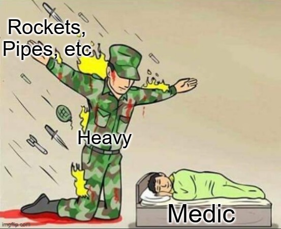 Soldier protecting sleeping child |  Rockets, Pipes, etc; Heavy; Medic | image tagged in soldier protecting sleeping child | made w/ Imgflip meme maker