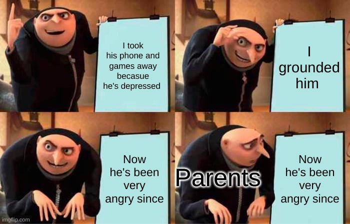 true | I took his phone and games away becasue he's depressed; I grounded him; Now he's been very angry since; Now he's been very angry since; Parents | image tagged in memes,gru's plan,funny,funny memes | made w/ Imgflip meme maker