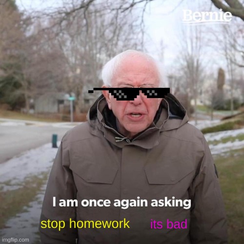 stop homework | stop homework; its bad | image tagged in memes,bernie i am once again asking for your support | made w/ Imgflip meme maker