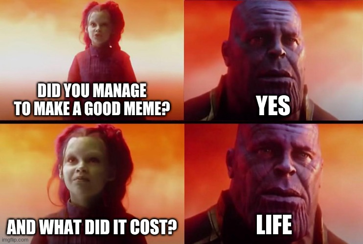 Oh boy | DID YOU MANAGE TO MAKE A GOOD MEME? YES; AND WHAT DID IT COST? LIFE | image tagged in thanos what did it cost | made w/ Imgflip meme maker