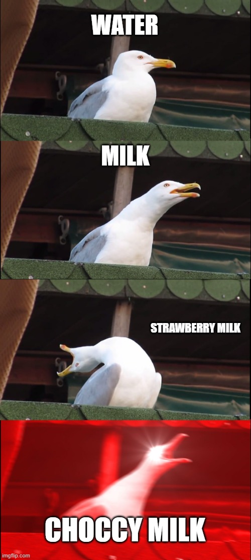 all milk | WATER; MILK; STRAWBERRY MILK; CHOCCY MILK | image tagged in memes,inhaling seagull | made w/ Imgflip meme maker