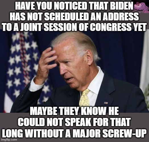 President Trump's first address to a joint session of Congress was Feb. 28, 2017. Obama's was Feb 24, 2009. |  HAVE YOU NOTICED THAT BIDEN HAS NOT SCHEDULED AN ADDRESS TO A JOINT SESSION OF CONGRESS YET; MAYBE THEY KNOW HE COULD NOT SPEAK FOR THAT LONG WITHOUT A MAJOR SCREW-UP | image tagged in joe biden worries | made w/ Imgflip meme maker