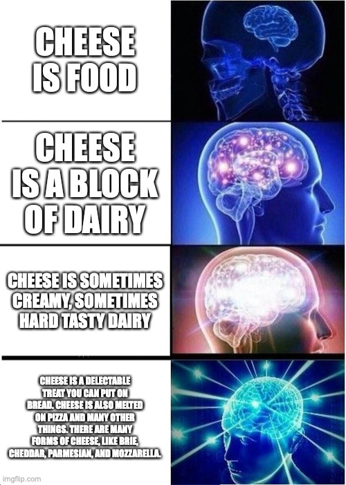 might be a bad meme...I think its funny | CHEESE IS FOOD; CHEESE IS A BLOCK OF DAIRY; CHEESE IS SOMETIMES CREAMY, SOMETIMES HARD TASTY DAIRY; CHEESE IS A DELECTABLE TREAT YOU CAN PUT ON BREAD. CHEESE IS ALSO MELTED ON PIZZA AND MANY OTHER THINGS. THERE ARE MANY FORMS OF CHEESE, LIKE BRIE, CHEDDAR, PARMESIAN, AND MOZZARELLA. | image tagged in memes,expanding brain | made w/ Imgflip meme maker